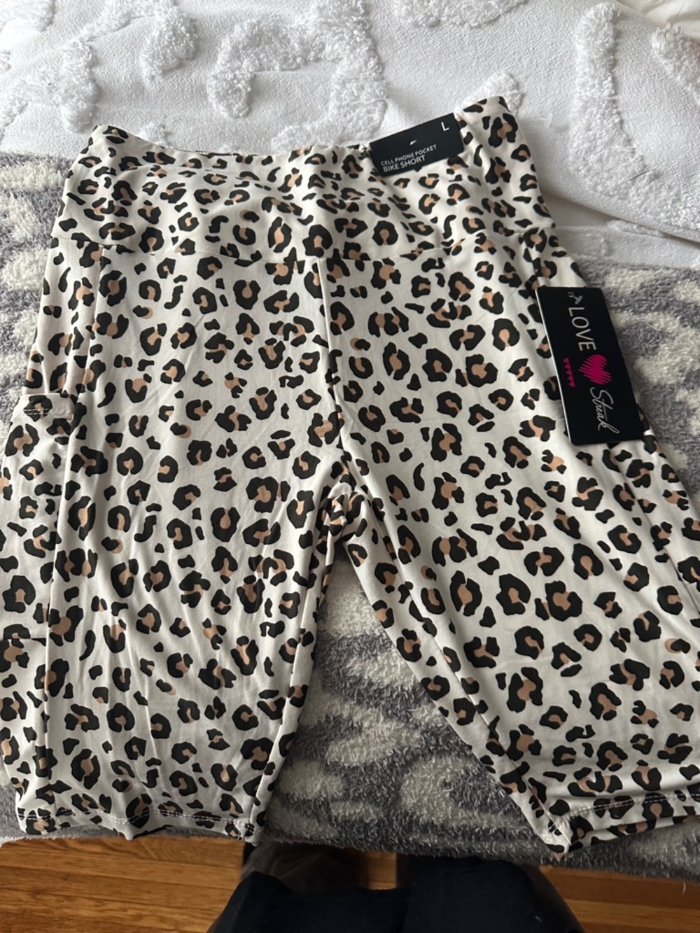 I Love Pink Leopard Print Bike Shorts - Beige & Black